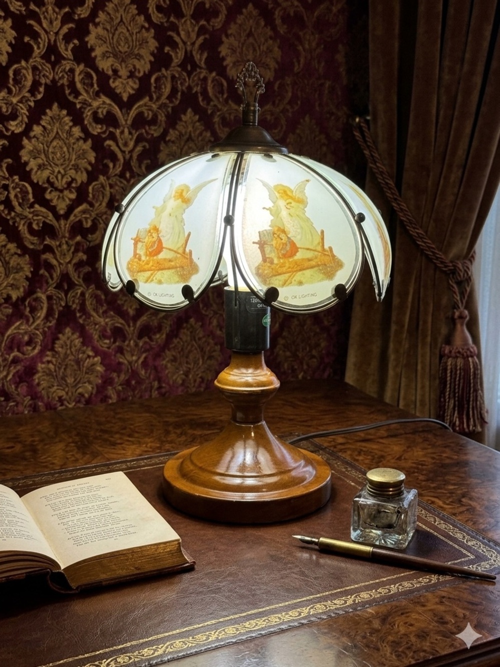 Angel Motif Table Lamp - White and Gold Accent Lantern